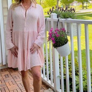 Surf Gypsy Pink Swiss Dot button down tiered shirt dress size medium